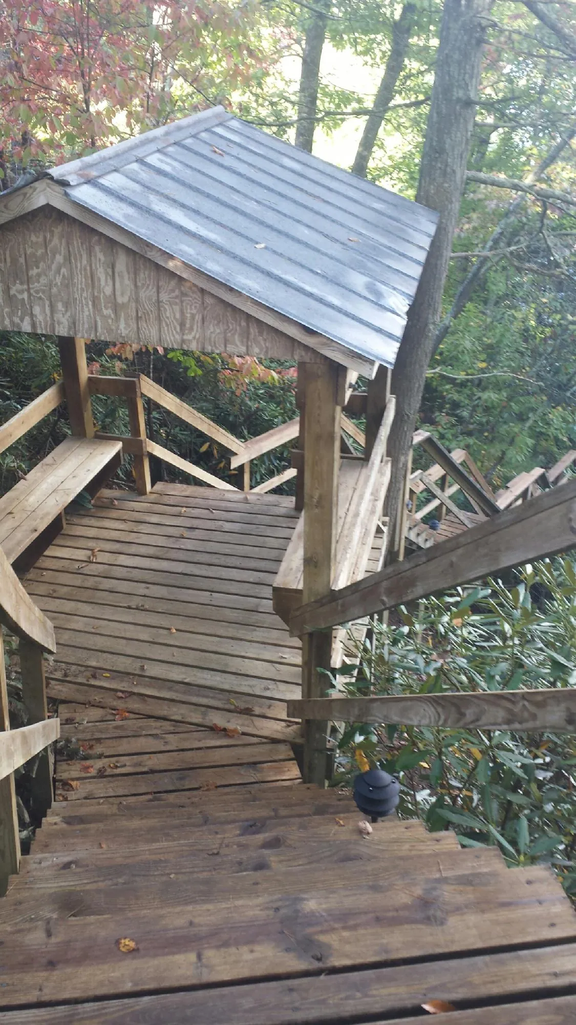 Metal roofed shelter over wooden steps on a wooded walkway — Skylight Repair & Installation work by our crew in Hickory